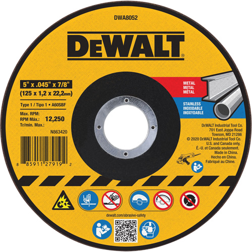 Metal Cut-Off Wheel, 5" x 0.045", 7/8" Arbor, Aluminum Oxide, Type 1 EastCoast Offshore Supplies