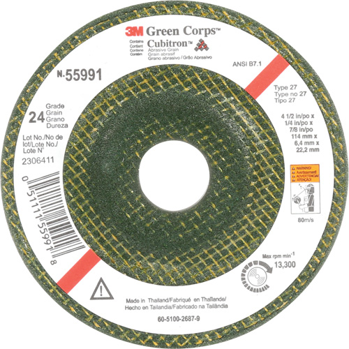 Green Corps Depressed Centre Wheel, 4-1/2" x 1/4", 7/8" Arbor, Ceramic, Type 27 EastCoast Offshore Supplies