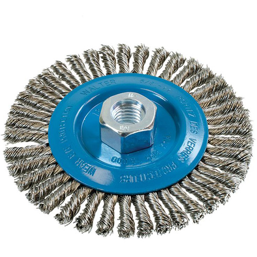 Brosse &agrave; fils &eacute;troits nou&eacute;s et torsad&eacute;s, Dia. 5", Fils 0,02", Arbre 5/8"-11, Aluminium/Acier inoxydable EastCoast Offshore Supplies