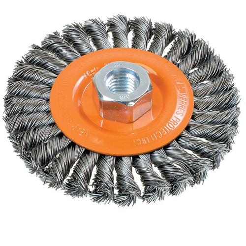 Brosse rotative &agrave; fils nou&eacute;s large, Dia. 4-1/2", Fils 0,02", Arbre 5/8"-11, Acier EastCoast Offshore Supplies