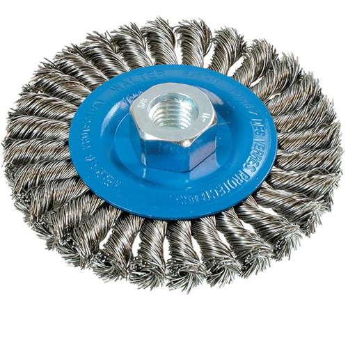 Wide Knotted Wire Wheel Brush, 4-1/2" Dia., 0.02" Fill, 5/8"-11 Arbor, Aluminum/Stainless Steel EastCoast Offshore Supplies