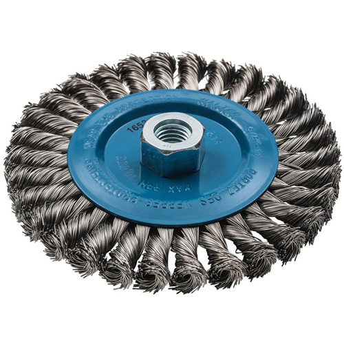 Wide Knotted Wire Wheel Brush, 6" Dia., 0.02" Fill, 5/8"-11 Arbor, Aluminum/Stainless Steel EastCoast Offshore Supplies