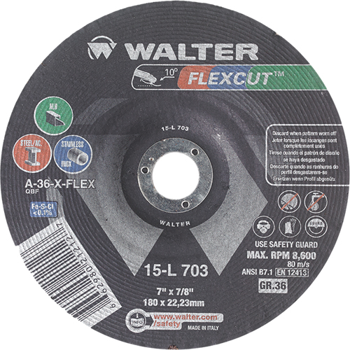 Meules &agrave; moyeu d&eacute;port&eacute; Flexcut, 7", 36 Grain, Oxyde d'aluminium, 7/8", 8600 Tr/min, Type 29 EastCoast Offshore Supplies
