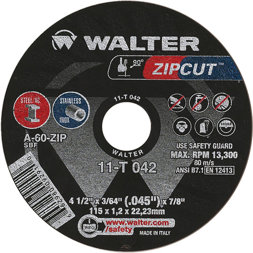 Meule &agrave; tronçonner Zipcut, 4-1/2" x 3/64", Arbre de 7/8", Type 1, Oxyde d'aluminium, 13 300 Tr/min EastCoast Offshore Supplies