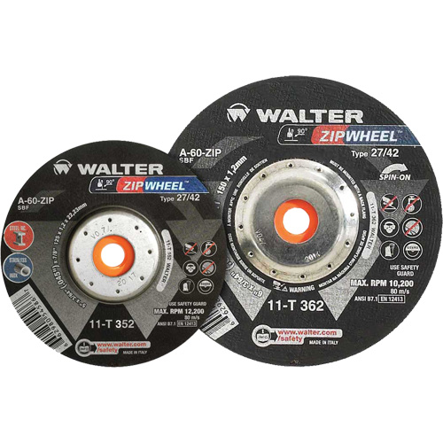 Meules &agrave; tronçonner renforc&eacute;es Zipcut vissables pour scies circulaires, 5" x 7/8", Arbre de 5/8"-11, Type 27, Oxyde d'aluminium, 12 200 Tr/min EastCoast Offshore Supplies