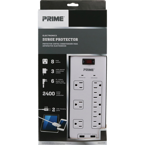 Limiteurs de surtension avec chargeur USB, 8 Prises, 2400 J, 1875 W, Cordon 6' EastCoast Offshore Supplies