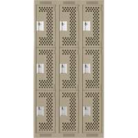 Clean Line Lockers, 3 -tier, Bank of 3, 36" x 12" x 72", Steel, Beige, Rivet (Assembled), Perforated EastCoast Offshore Supplies
