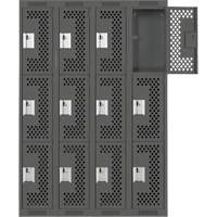 Clean Line Lockers, 3 -tier, Bank of 4, 48" x 12" x 72", Steel, Charcoal, Rivet (Assembled), Perforated EastCoast Offshore Supplies