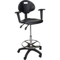 Tabouret ergonomique robuste avec accoudoirs r&eacute;glables et roulettes en nylon, Mobile, Ajustable, 39" - 48", Polyur&eacute;thane Si&egrave;ge, Noir EastCoast Offshore Supplies